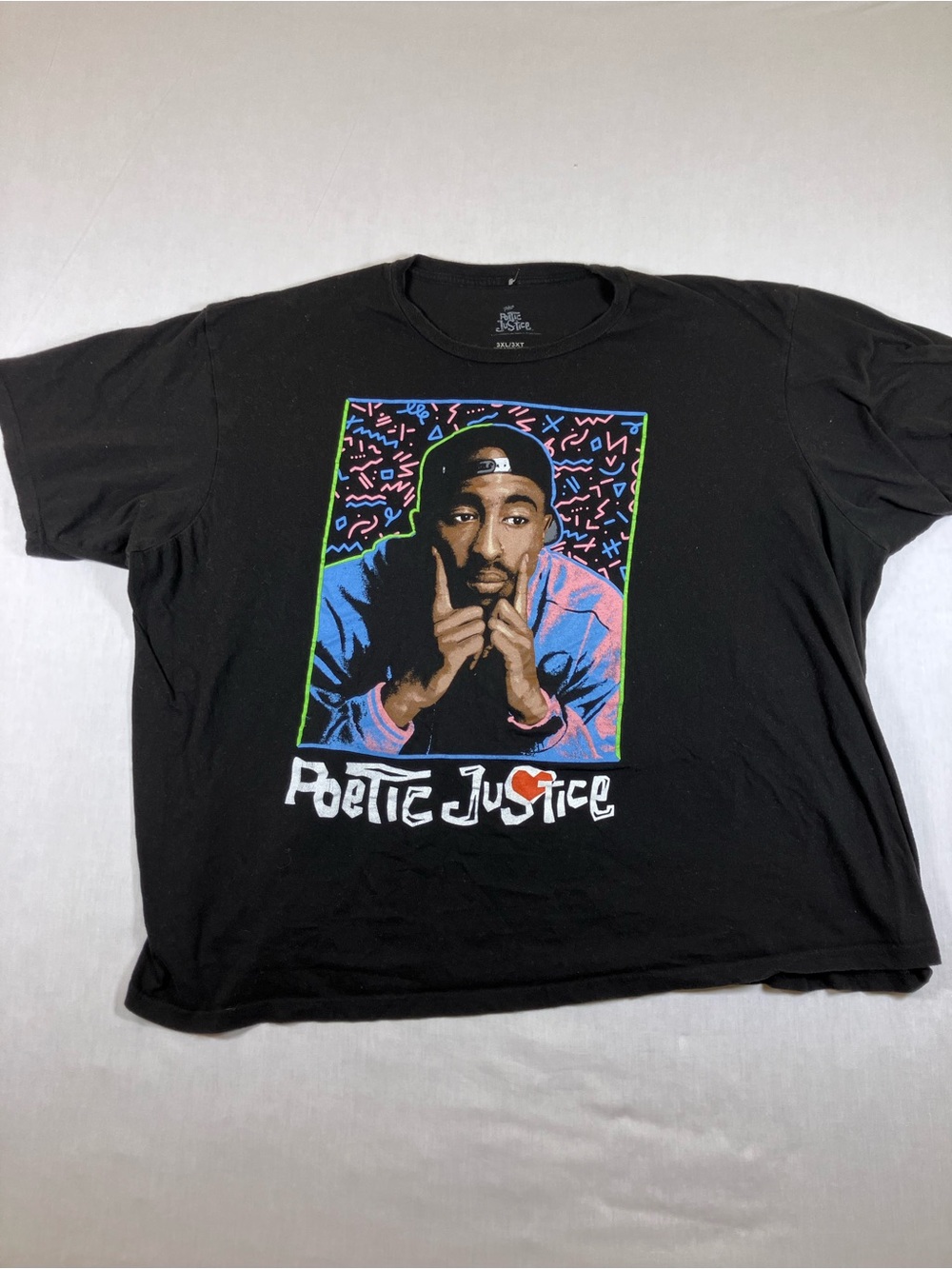 Justice Black Graphic Tee with Colorful Tupac Portrait